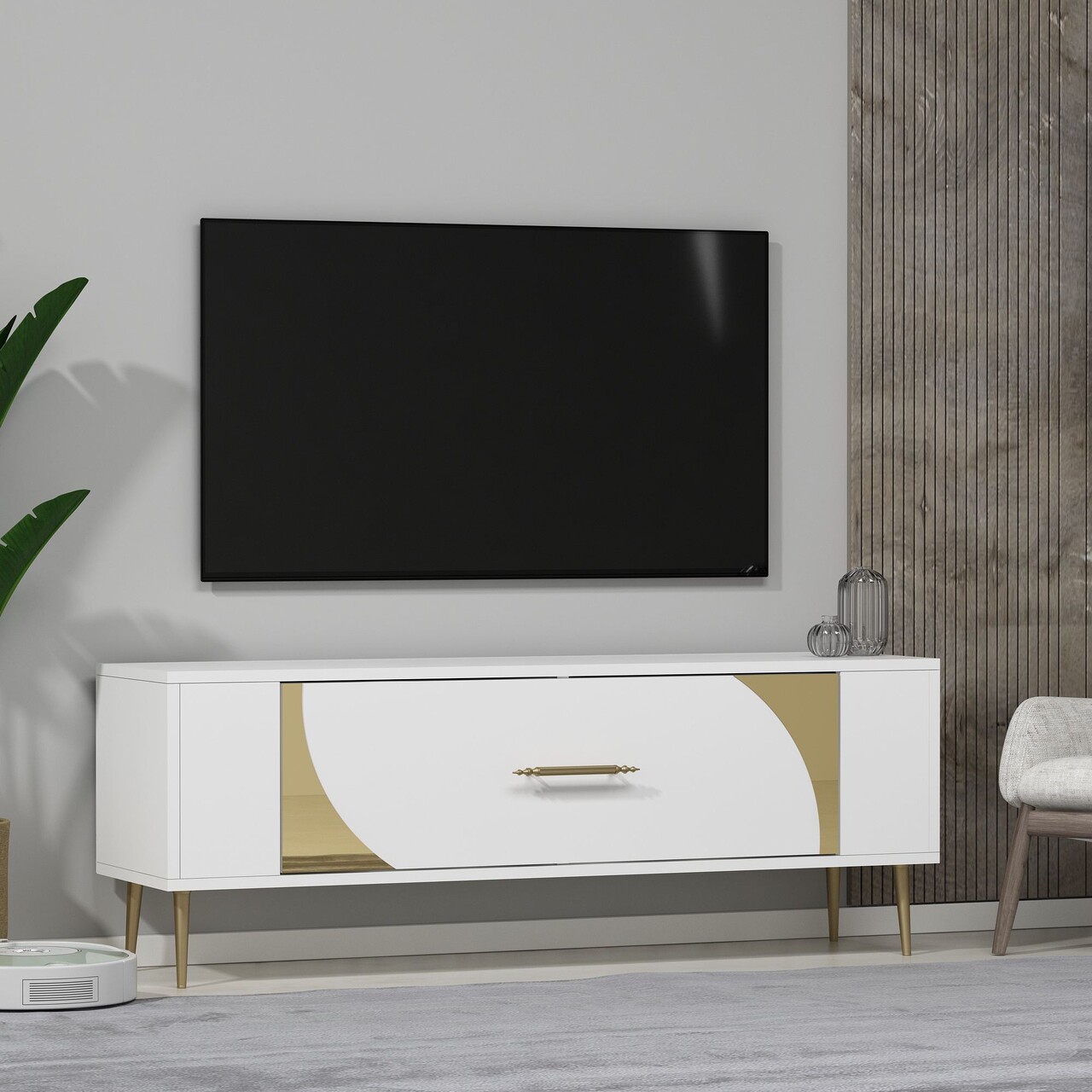 Comoda TV, Olivia, Retrop2, Alb/Auriu - 1 | YEO