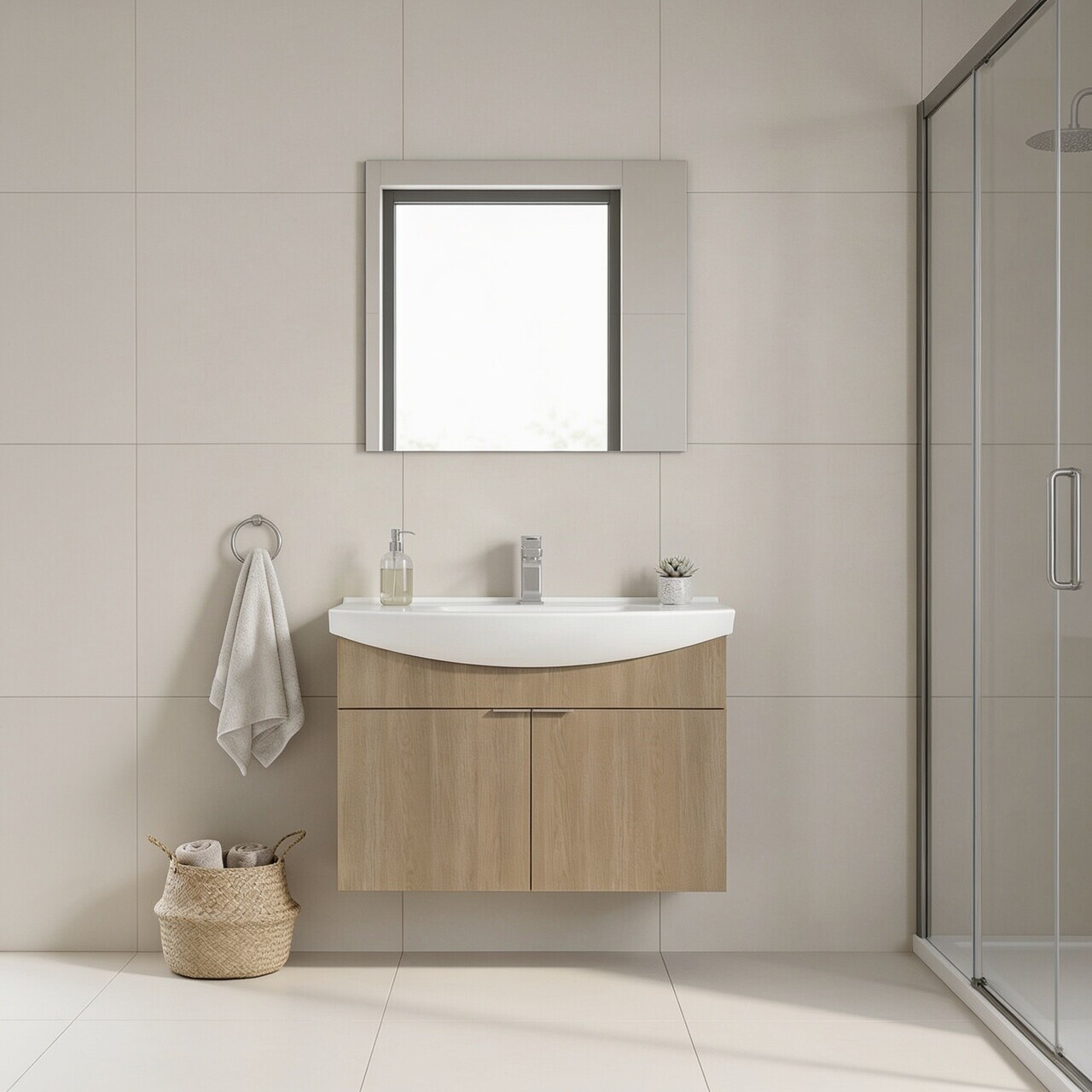 Set Dulap de Baie cu Chiuvetă și Oglindă (2 Piese), Hanah Home, Purus 80, Stejar