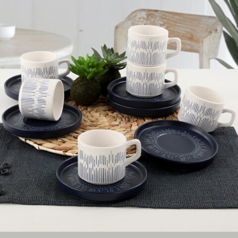 Set 6 cesti cu farfurie beat, keramika, ceramica/lemn, alb/albastru