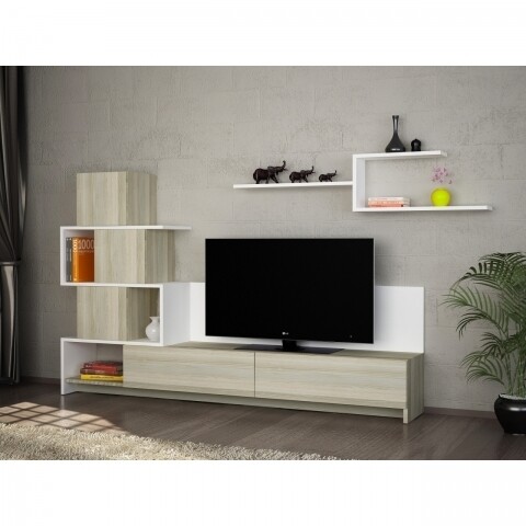 Comoda TV cu biblioteca si raft, Wooden Art, Amore White Cordoba, 180x126x31.5 cm
