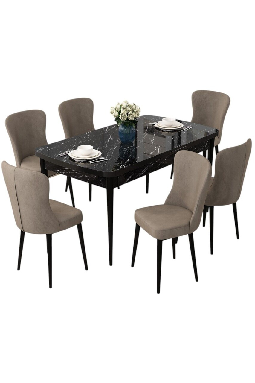 Set masa extensibila si scaune (7 piese), Hanah Home, Due, Model de marmură neagră / Cappuccino — imaginea 2
