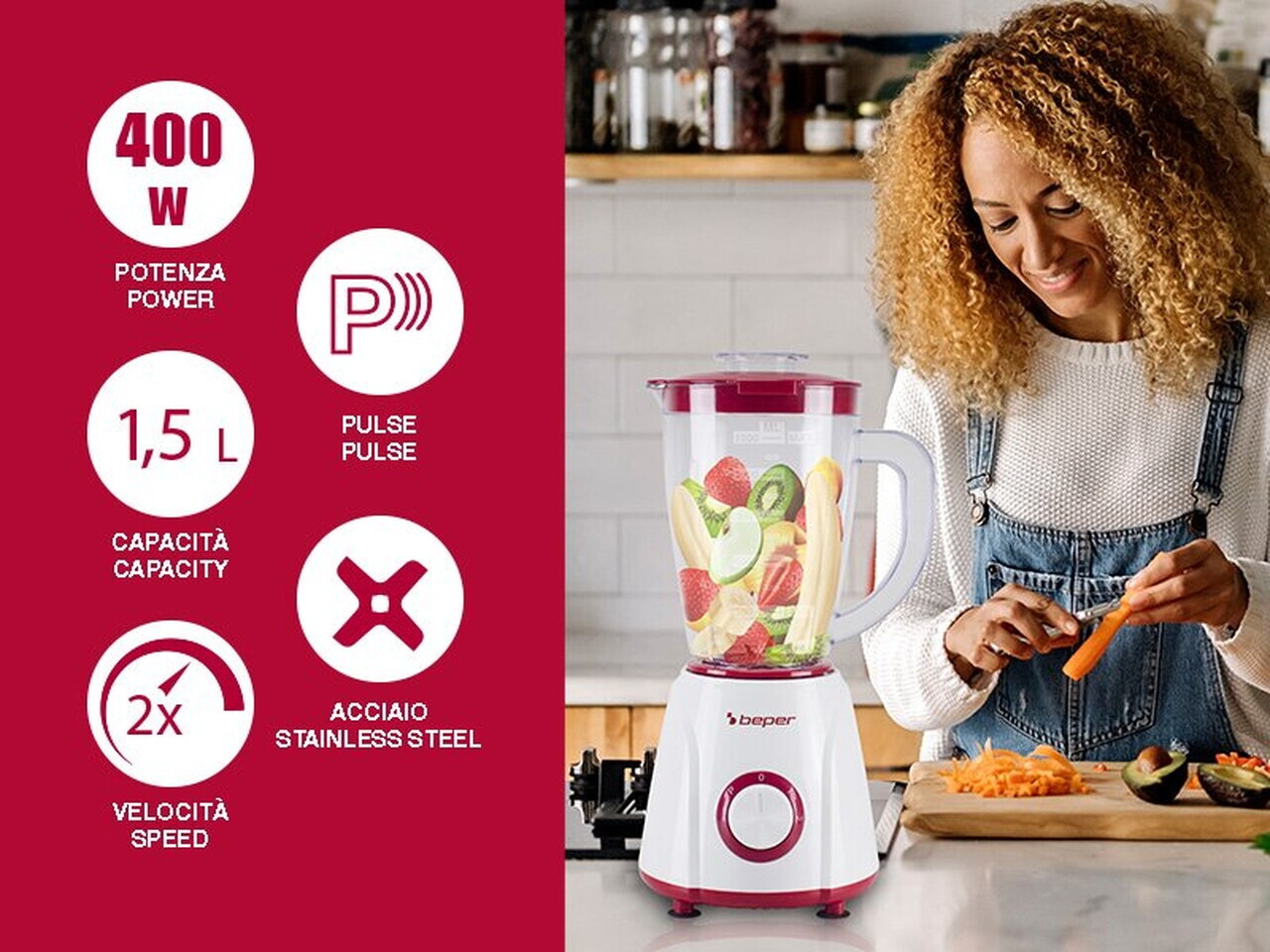 Blender de masa Beper, 17.5x18.5x37 cm, 400W, 1.5L, plastic/inox, alb/rosu - view 6