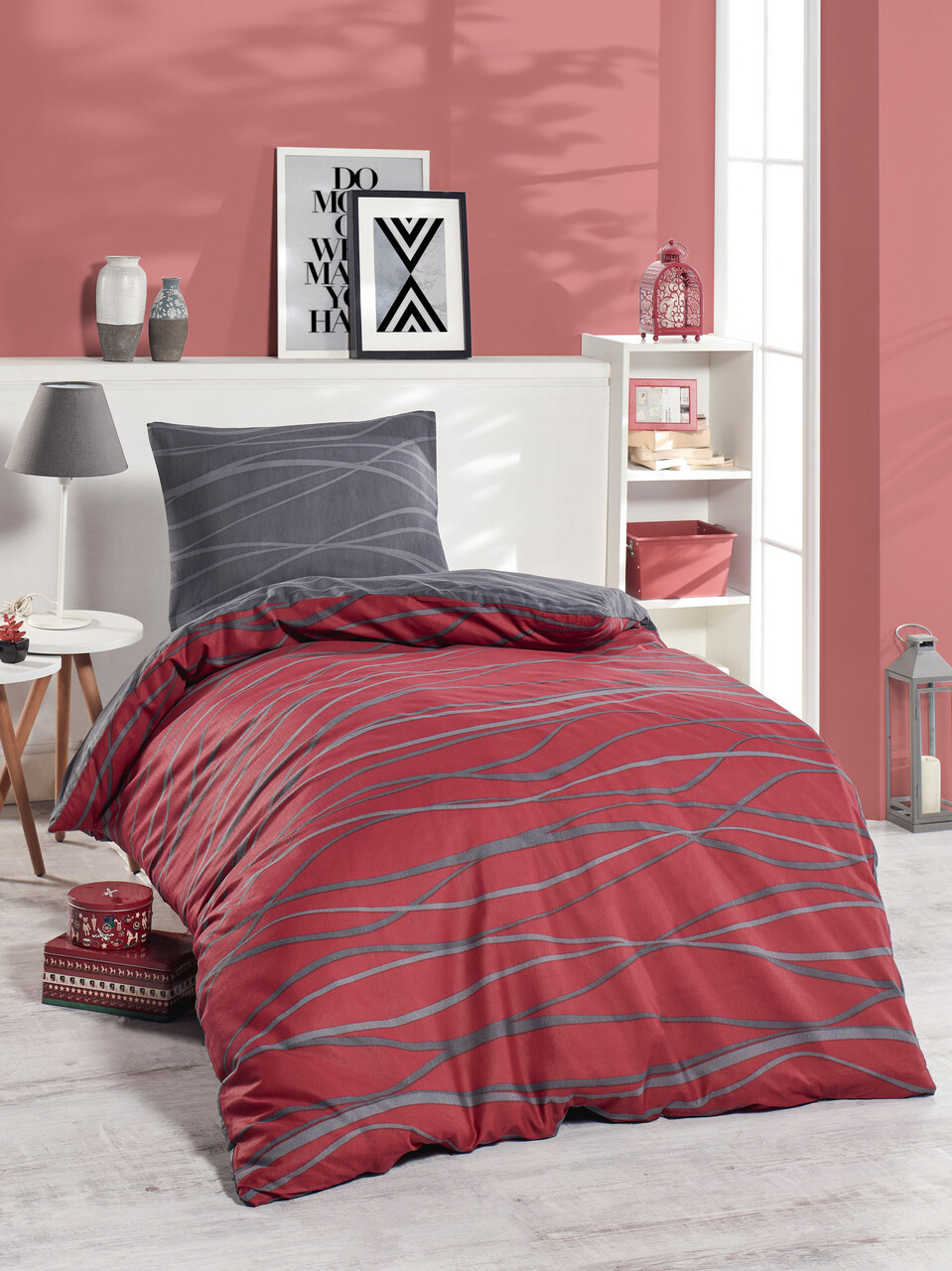 Lenjerie de pat pentru o persoana 2 piese, Verda - Claret Red, EnLora Home, 65% bumbac/35% poliester