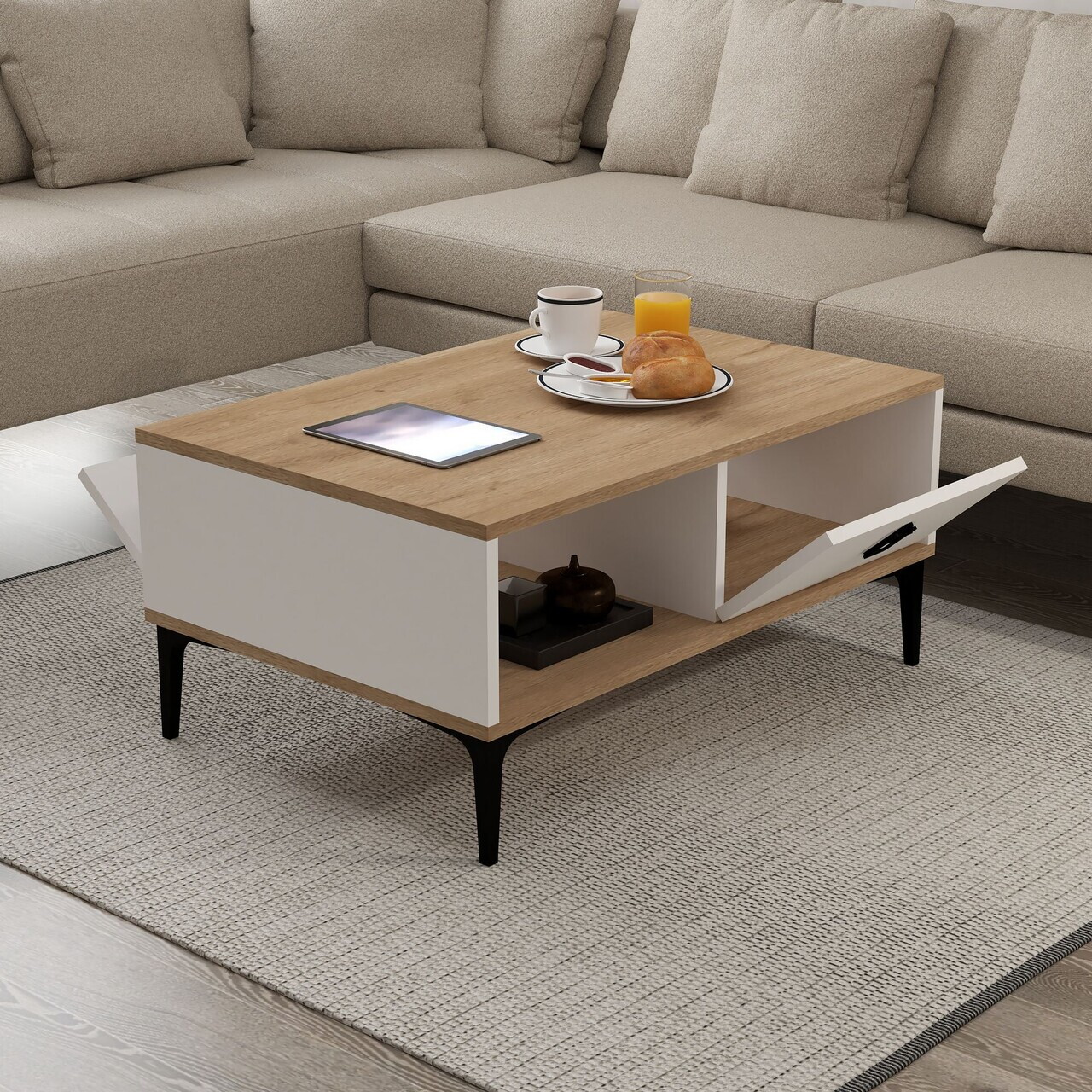 Masuta de cafea, Hanah Home, Sare 2002, 90x41.5x60 cm, PAL, Stejar Safir / Alb — imaginea 4