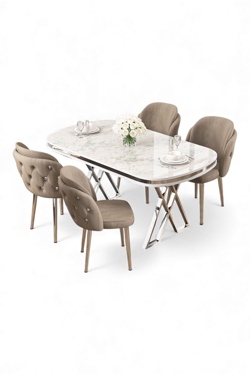 Set masă și scaune (5 bucăți), Hanah Home, Zae, Marmură albă / Crom / Cappuccino - view 2
