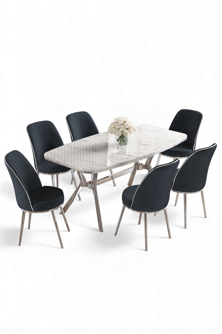 Set masă și scaune (7 piese), Hanah Home, Lena, Marmură albă / Crom / Antracit - view 2