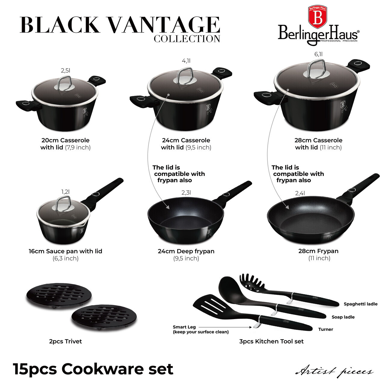 Set pentru gatit Berlinger Haus, Black Vantage, 15 piese, aluminiu forjat, negru lucios - imagine 10