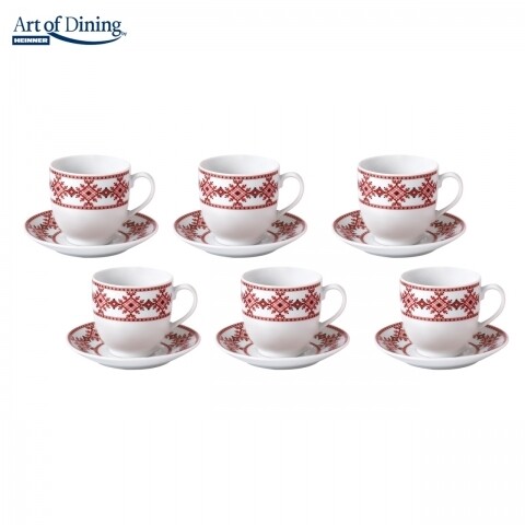 Set 6 cesti de ceai/cafea Traditional, Heinner Home, 160 ml, portelan, alb/rosu