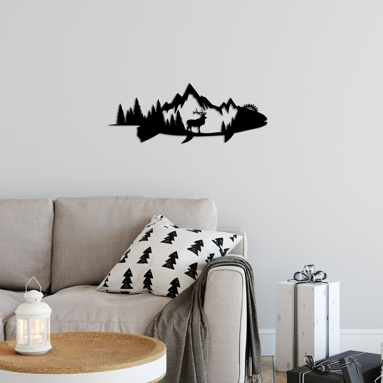Decoratiune de perete, Mountain And Deer, 70 x 26 cm, Negru — imaginea 2