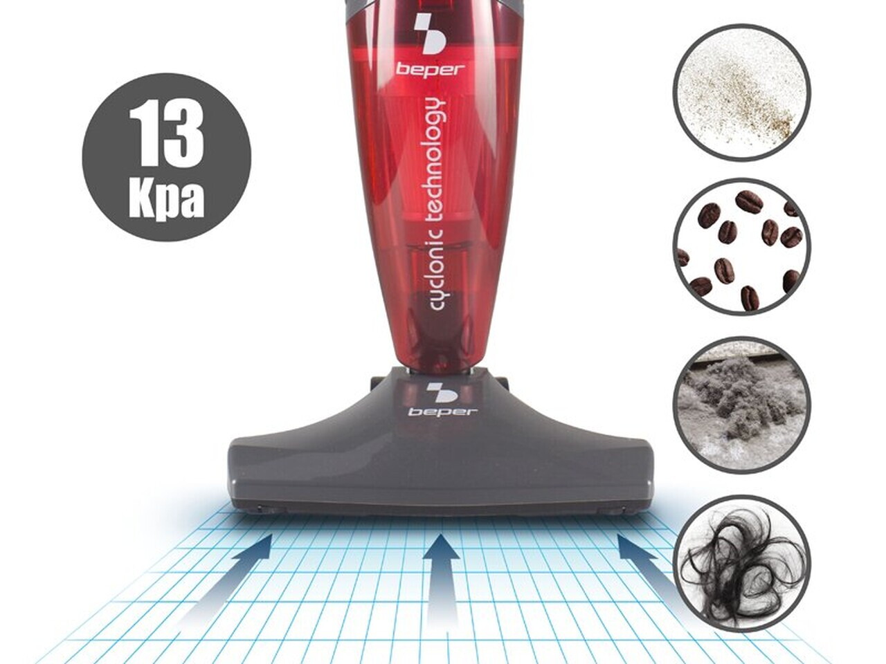 Aspirator vertical Cyclonic, Beper, 600W, 24.5x13.5x109 cm, ABS/aluminiu, rosu/gri — imaginea 6