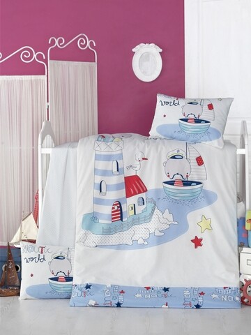 Lenjerie de pat pentru copii, Victoria, Nautic, 4 piese, 100% bumbac ranforce, albastru/alb mezoni.ro imagine noua 2022