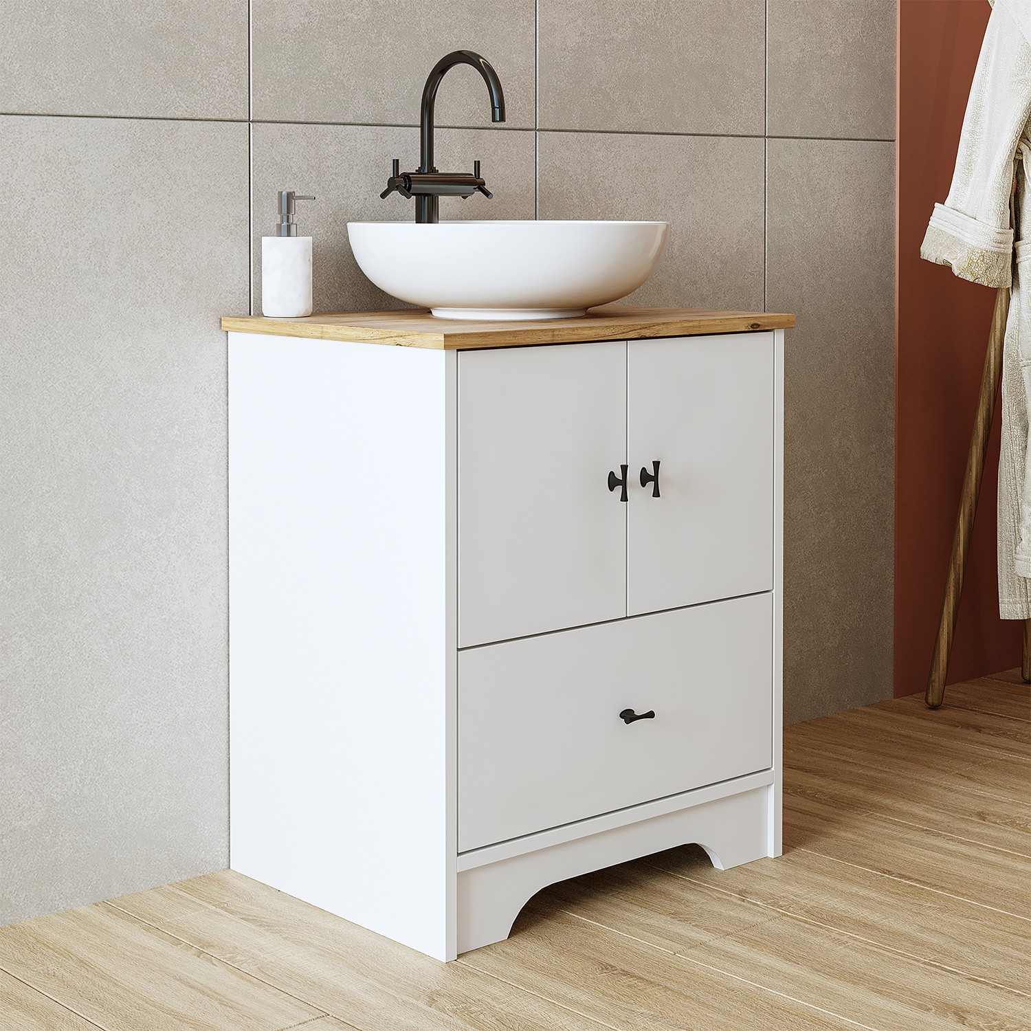 Dulap de baie cu chiuvetă, Hanah Home, 2379, 60x72x45 cm, MDF-LAM, Alb mat