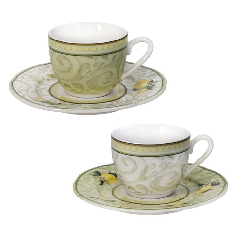 Set 2 cesti cu farfurie pentru cafea Limoni, Brandani, 50 ml, portelan New Bone China Brandani