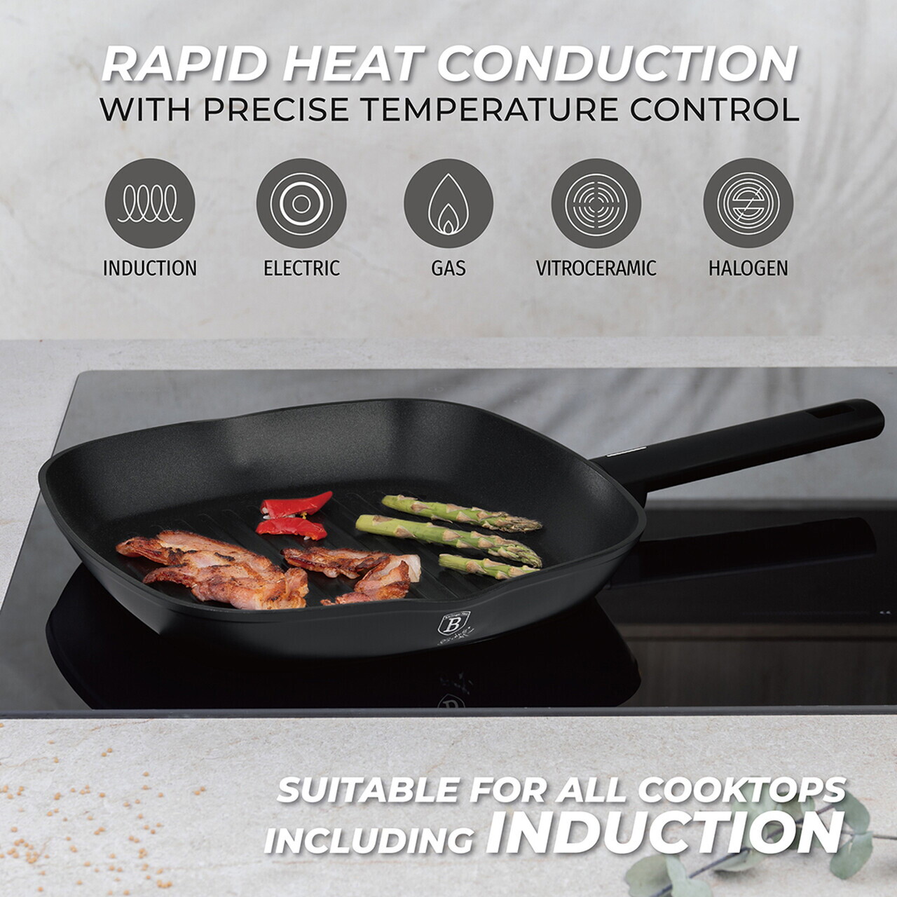 Tigaie grill Berlinger Haus, Matte Black, 28 cm, 2.1 L, aluminiu forjat, negru - imagine 6
