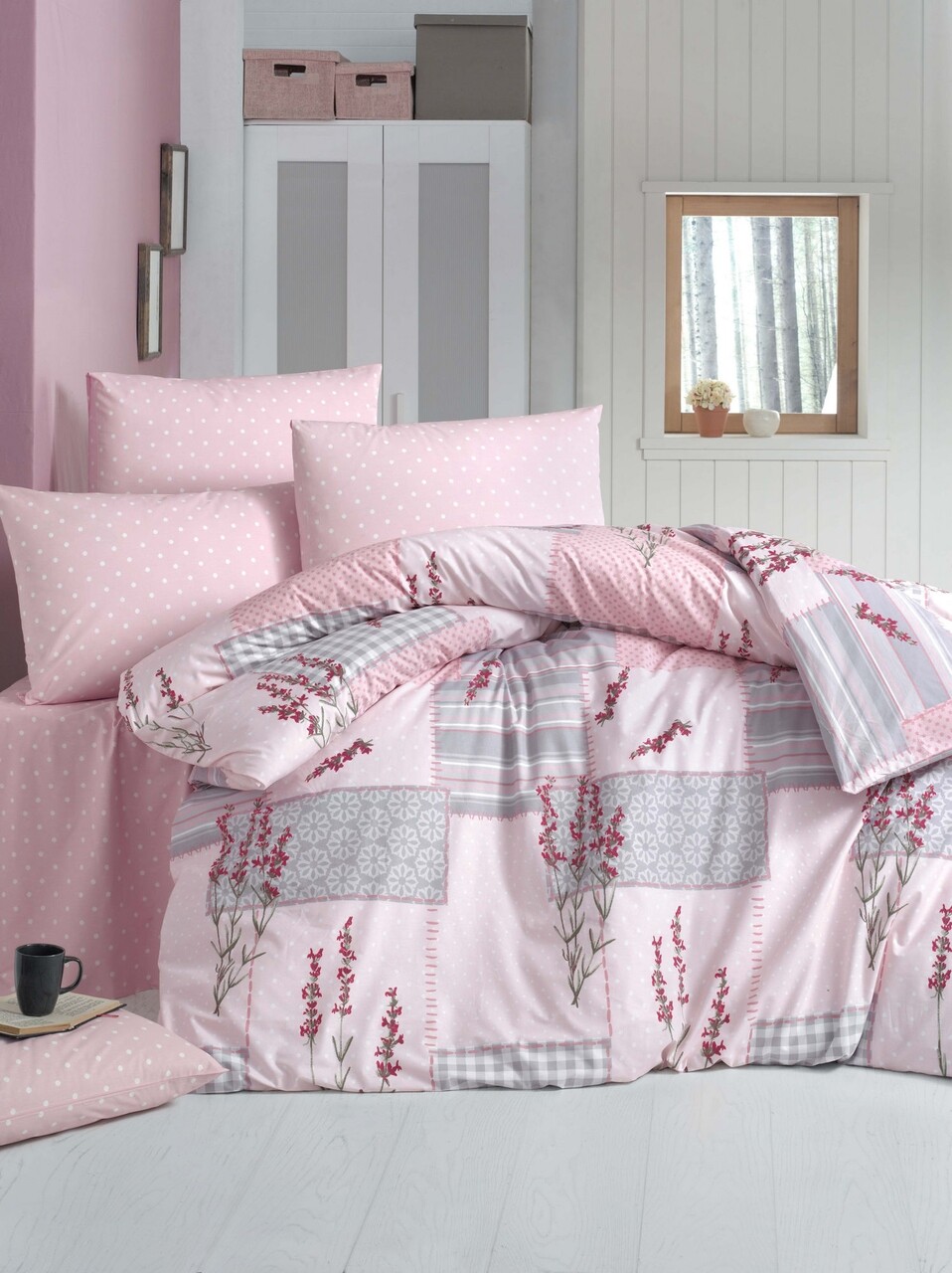 Lenjerie de pat dubla King Size, Victoria, Burcak, 4 piese, 100% bumbac