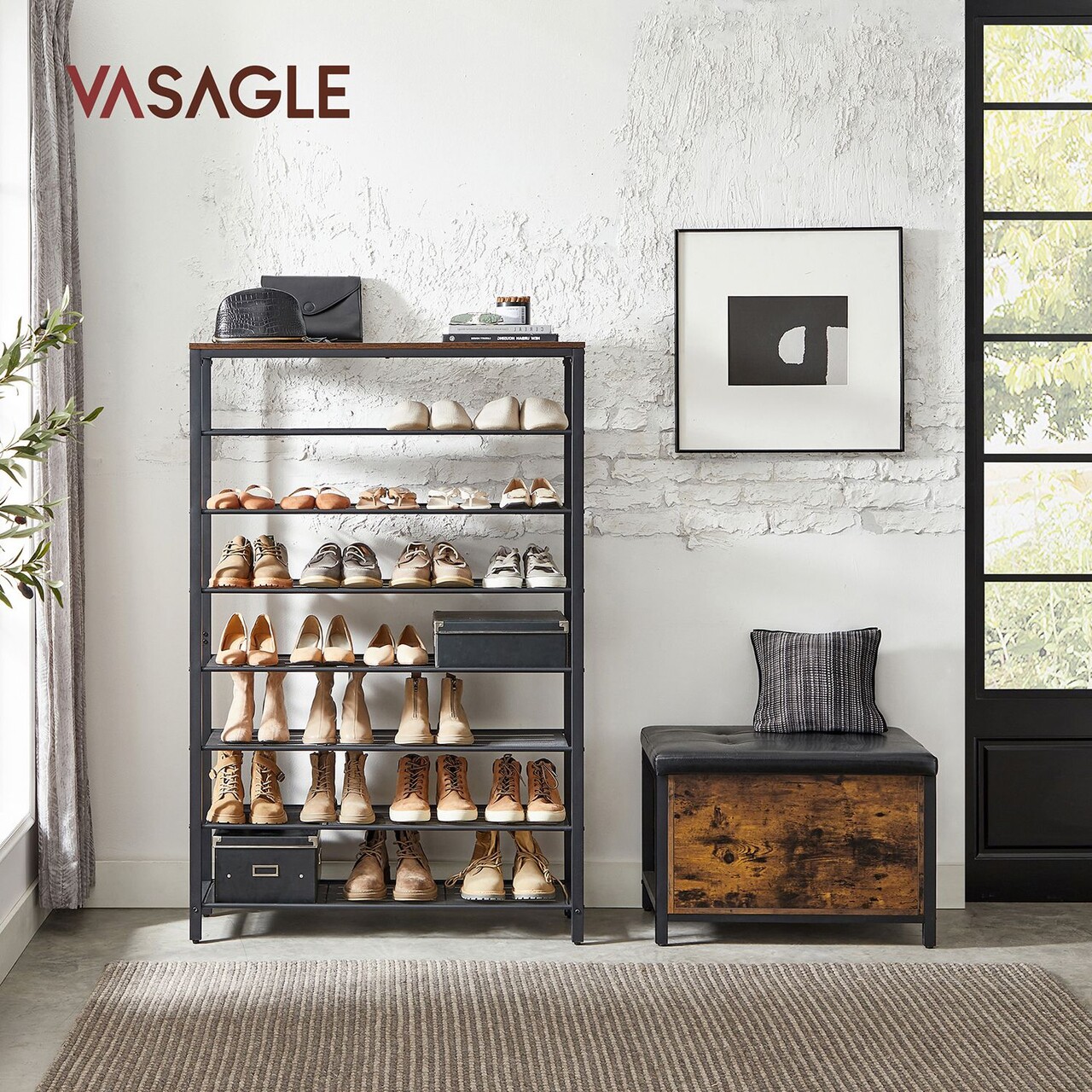 Pantofar cu 8 rafturi, Vasagle, 100x30x152 cm, PAL/otel, maro