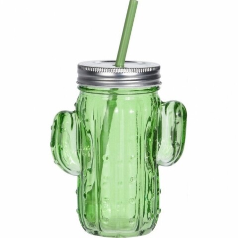 Halba tip borcan cu pai si capac Green Cactus, 400 ml, sticla, verde