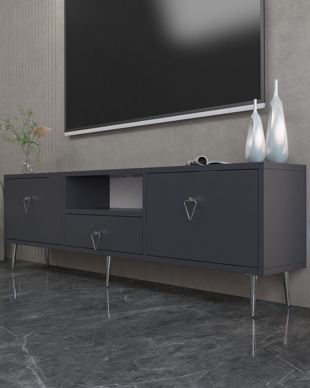 Comoda TV, Hanah Home, 1306-DROP-1, 140x45x30 cm, PAL , Antracit / Argintiu - view 2