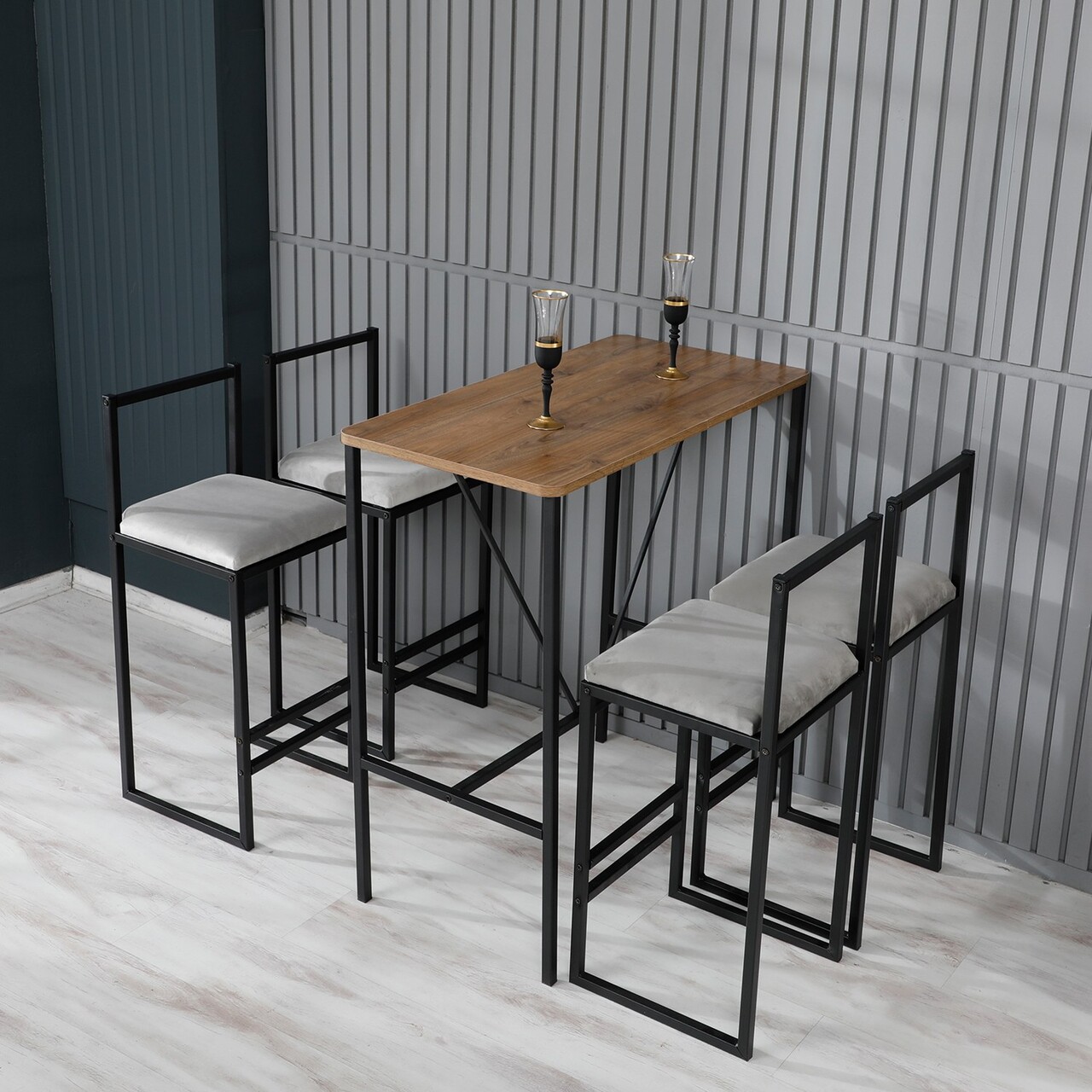 Set masa si 4 scaune de bar, Hanah Home, Nordic, Crem / Nuc / Negru - view 2