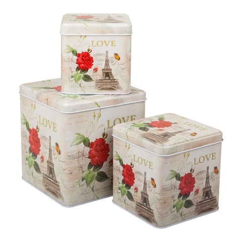 Set 3 cutii cu capac Paris, Creaciones Meng, 15 cm/12 cm /10.5 cm, metal
