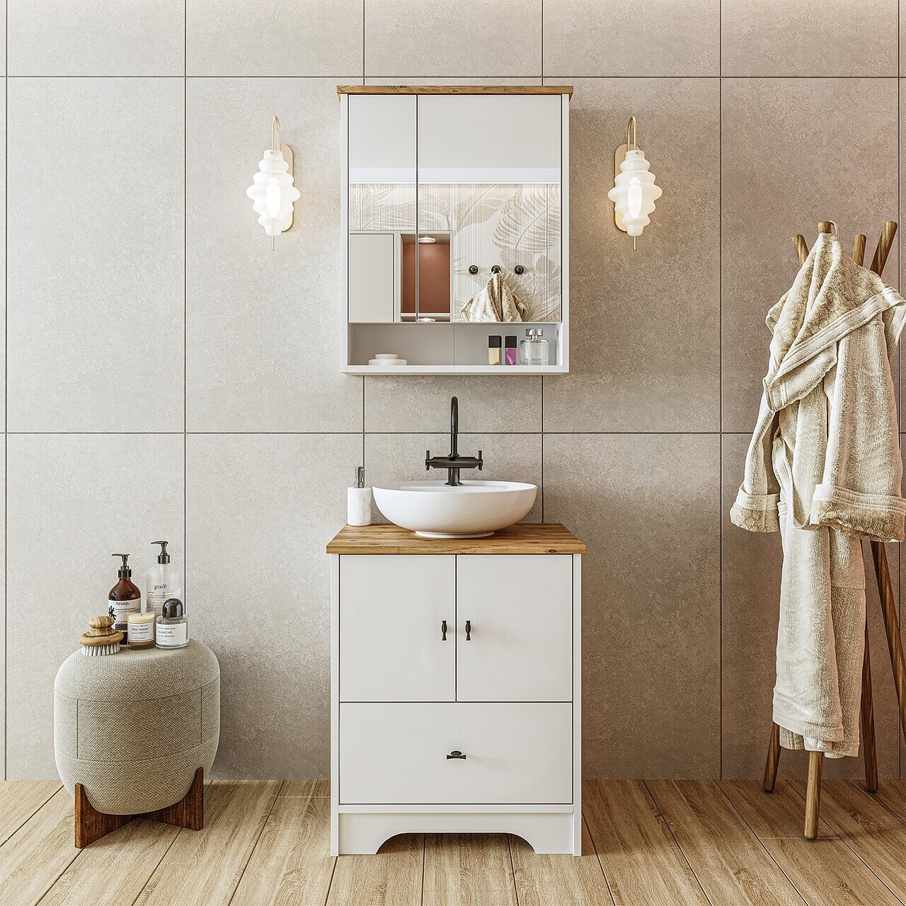 Set Dulap de Baie cu Chiuvetă și Oglindă (2 Piese), Hanah Home, 2408, MDF-LAM, Alb mat — imaginea 2