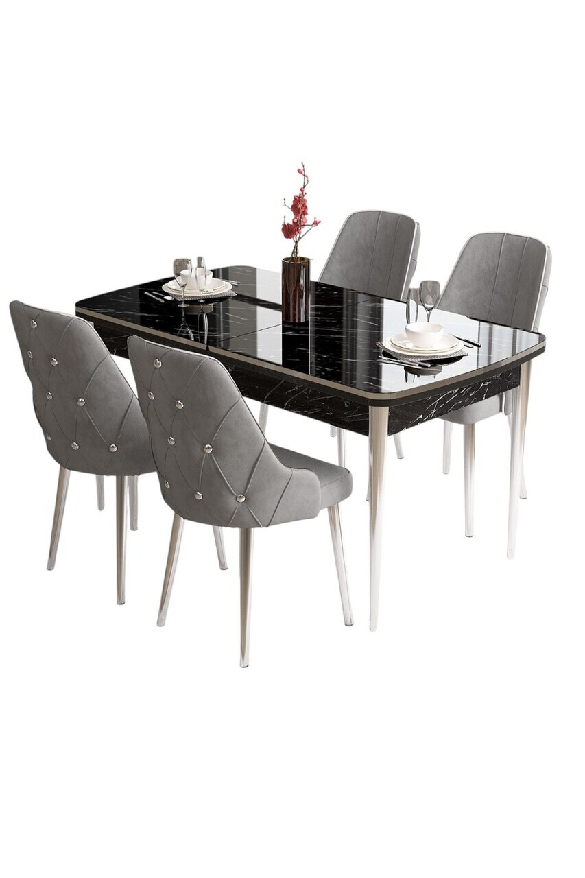 Set masa si scaune (5 piese), Hanah Home, Tia, Model de marmură neagră / Crom / Gri — imaginea 2