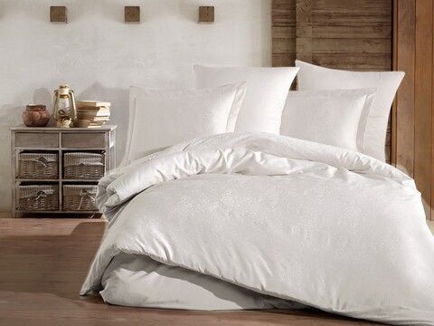 Lenjerie de pat dubla, 6 piese, 200x220 cm, 100% bumbac satinat, saheser, rosella, crem