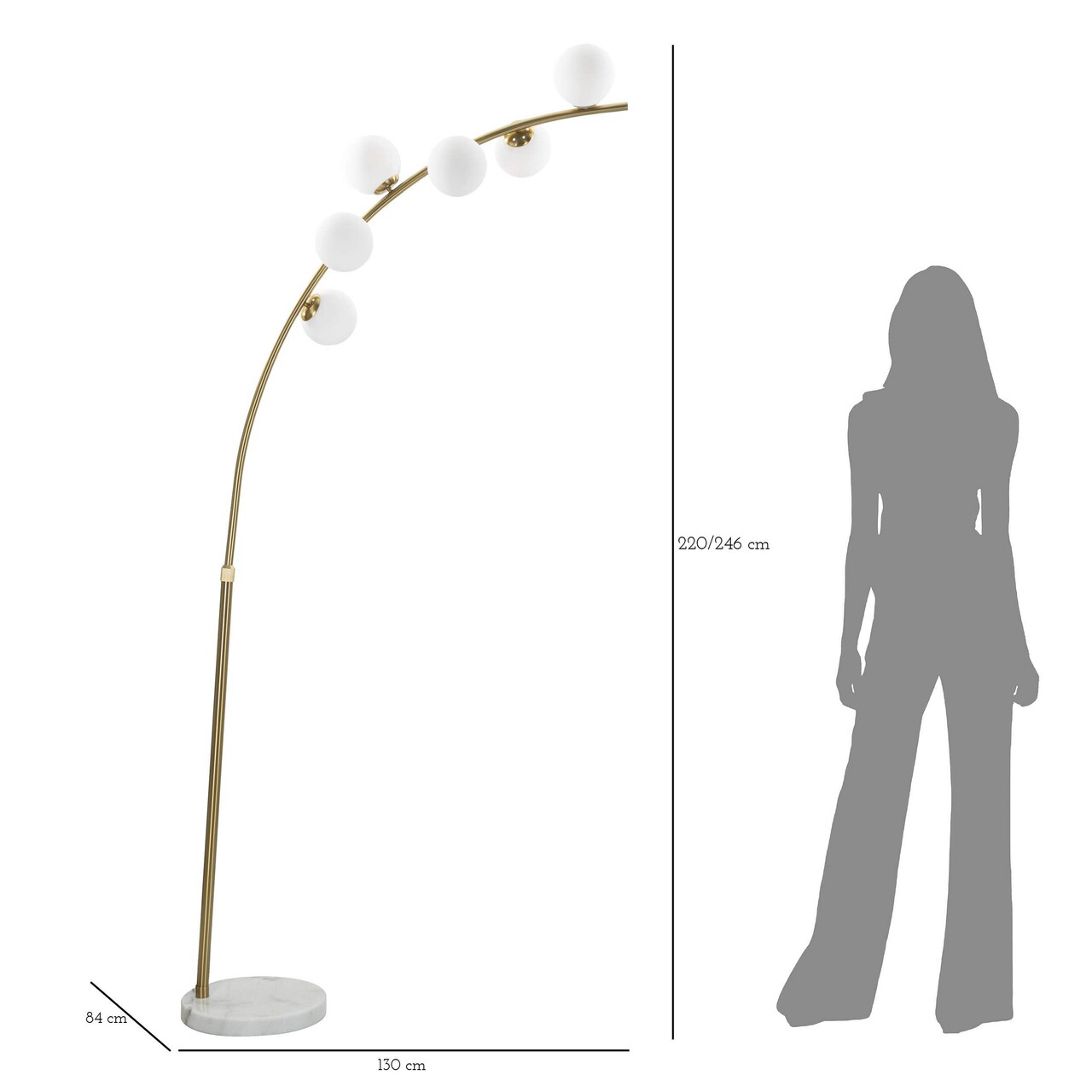 Lampadar Glamy, Mauro Ferretti, 130 x 45 x 220 cm, 6 x E14, 40W, fier/sticla, auriu/alb