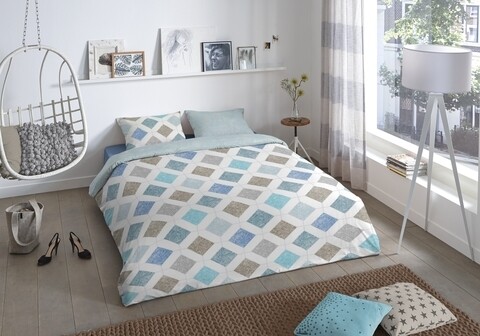 Lenjerie de pat pentru doua persoane, Good Morning Nieck, 100% bumbac, 3 piese, gri/bleu