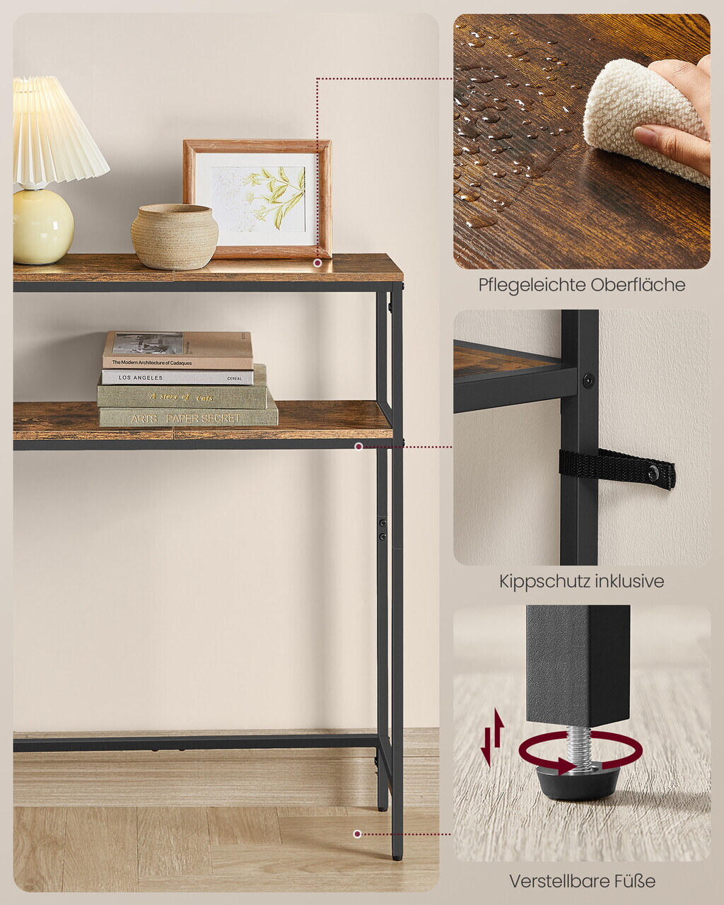 Consola cu priza si USB, Vasagle, 80x20x80 cm, PAL/otel, maro rustic/negru - imagine 7