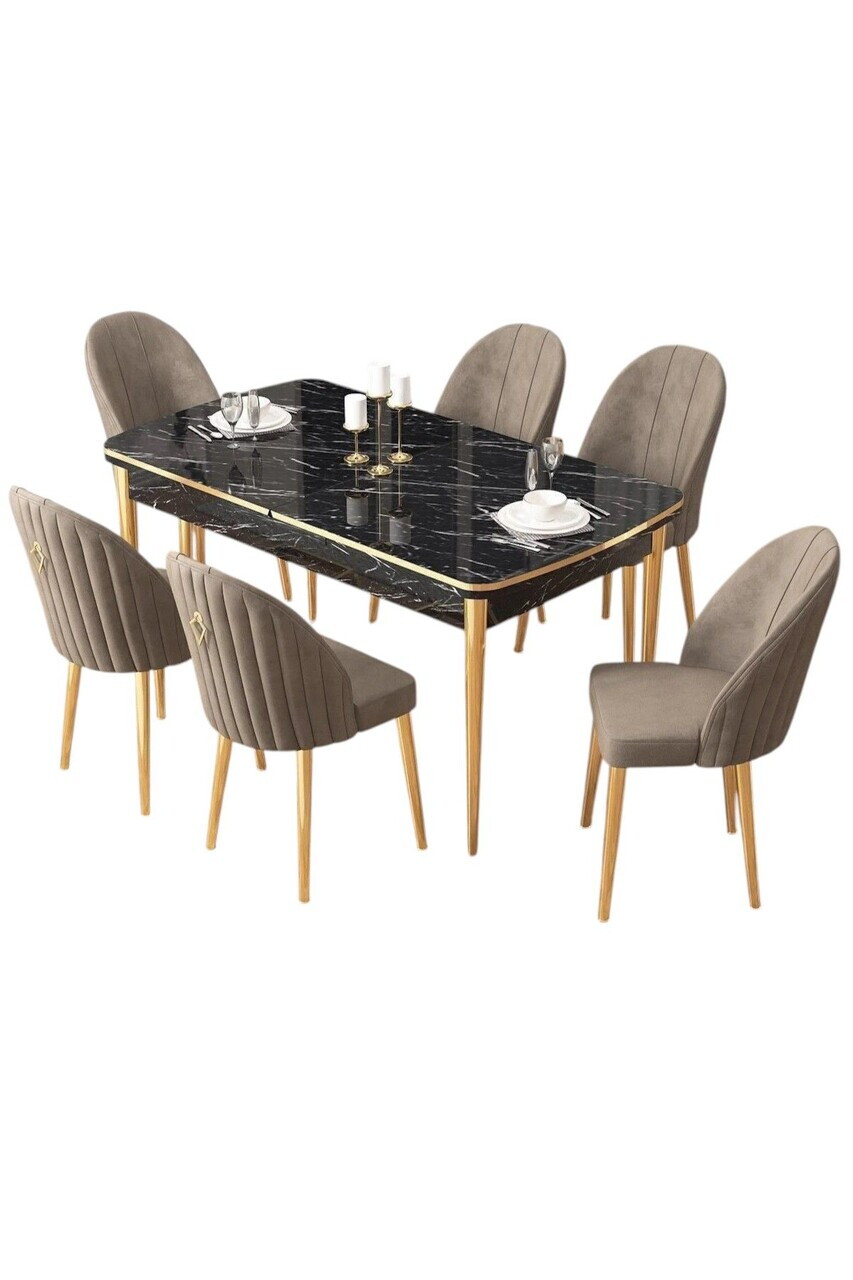 Set masa extensibila si scaune (7 piese), Hanah Home, Edaf, Model de marmură neagră / Auriu / Cappuccino — imaginea 2