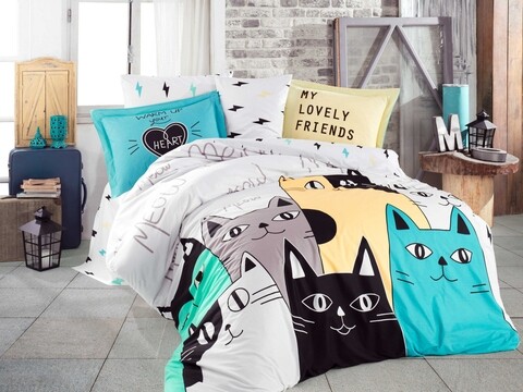 Lenjerie de pat dubla king size, hobby, love cats yellow, 4 piese, 100% bumbac poplin, multicolor