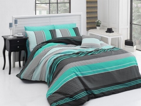 Lenjerie de pat dubla, 4 piese, 100% bumbac ranforce, Nazenin Home, Zigo Turquoise, gri/turcoaz