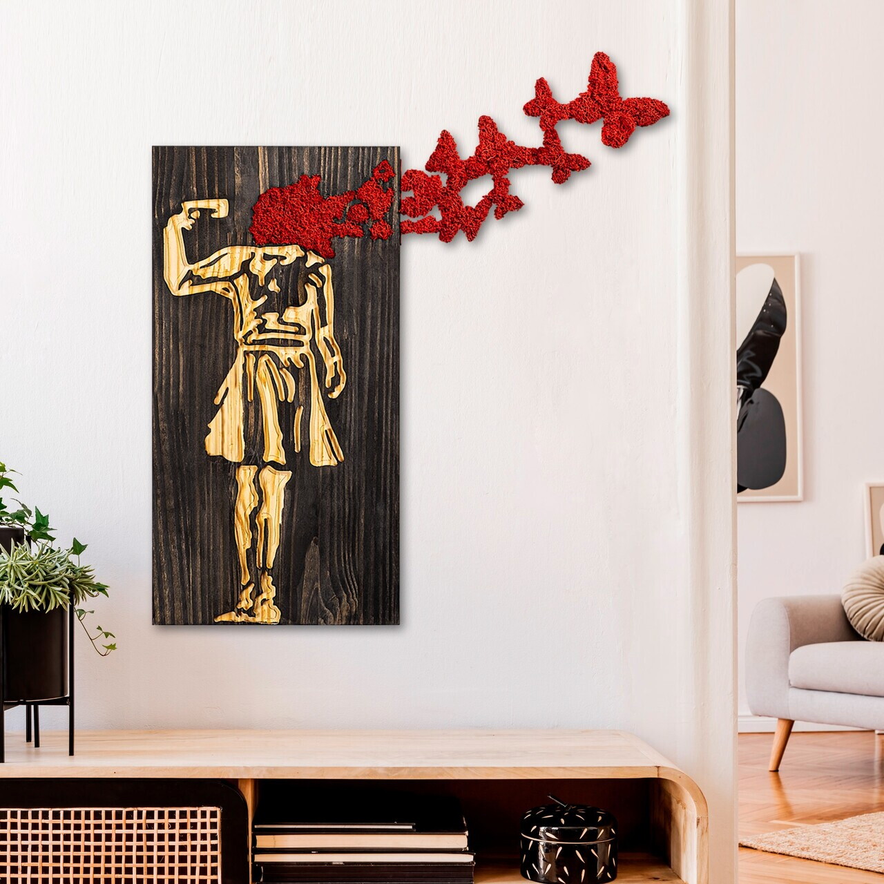 Decoratiune de perete, Banksy, Dimensiune: 62 x 70 cm, Nuc / Maro / Roșu