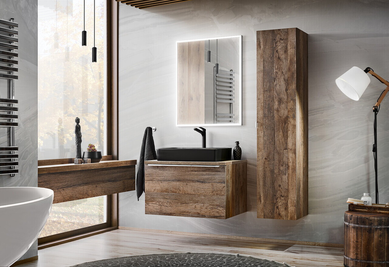 Set mobiler baie, dulap cu lavoar, 80 cm, Santa Fe Oak Black, Comad, PAL laminat, stejar santa fe vintage — imaginea 7