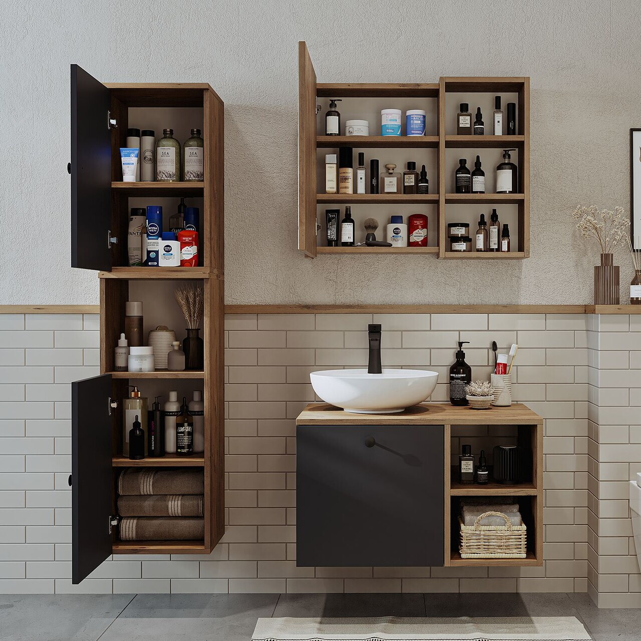 Set Dulap de Baie cu Chiuvetă și Oglindă (3 Piese), Hanah Home, 2473, MDF, Pin Atlantic / Antracit — imaginea 4