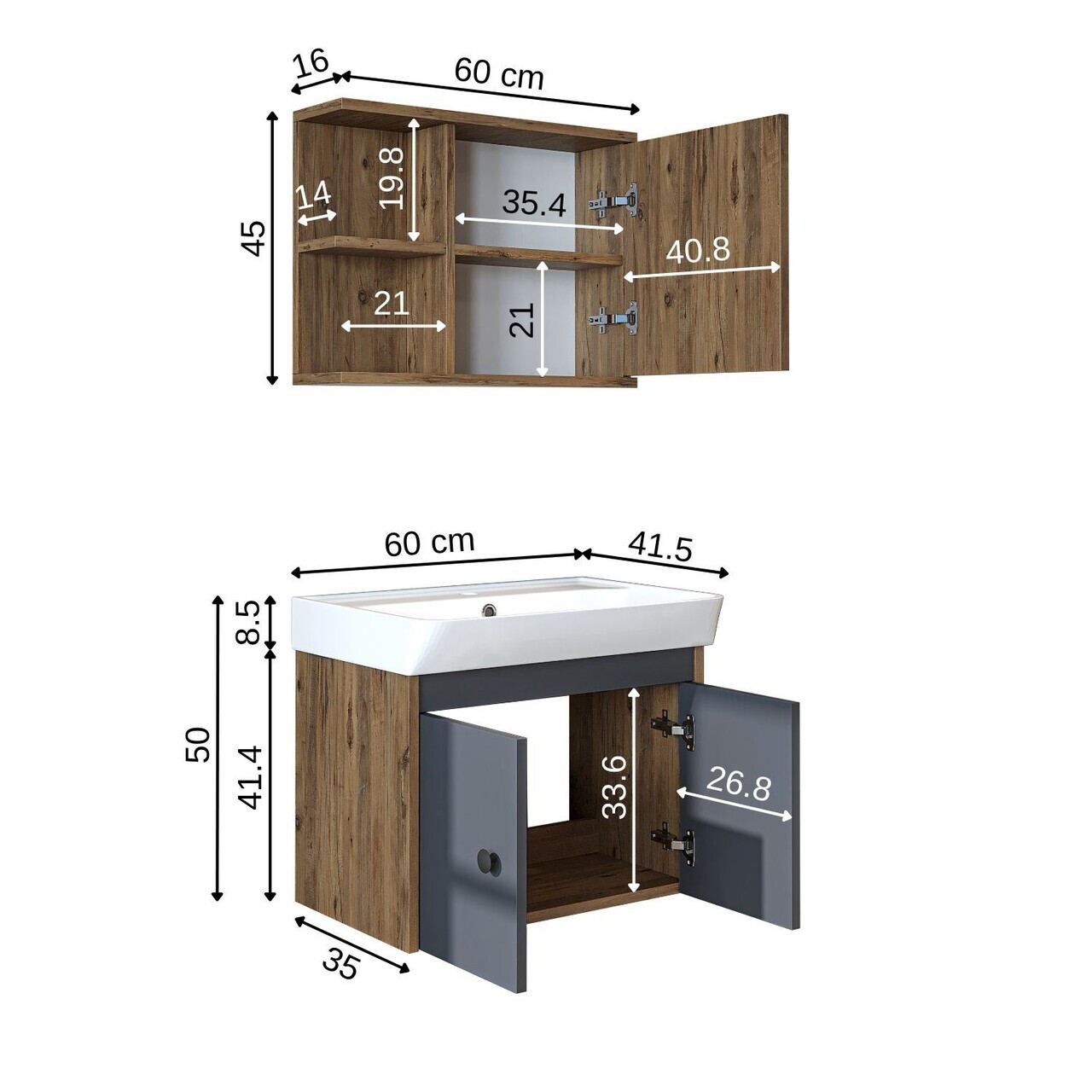 Set Dulap de Baie cu Chiuvetă și Oglindă (2 Piese), Hanah Home, 2865, PAL MELAMINAT, Pin Atlantic / Antracit — imaginea 7