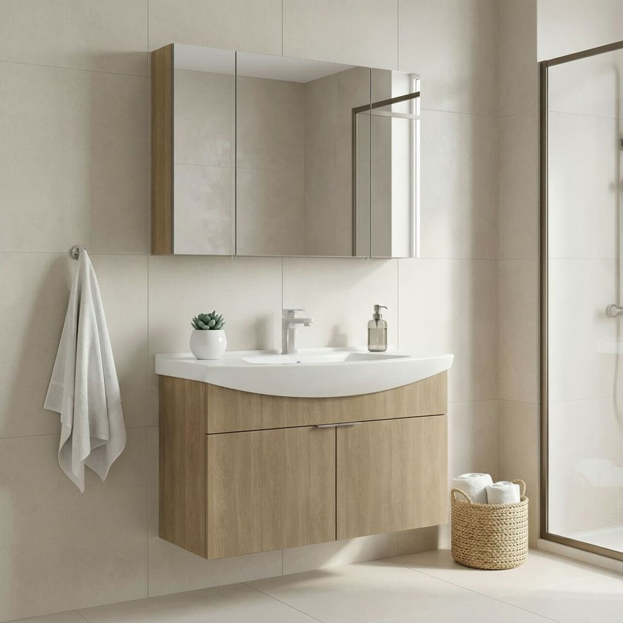 Set Dulap de Baie cu Chiuvetă și Oglindă (2 Piese), Hanah Home, Purus 100, Stejar