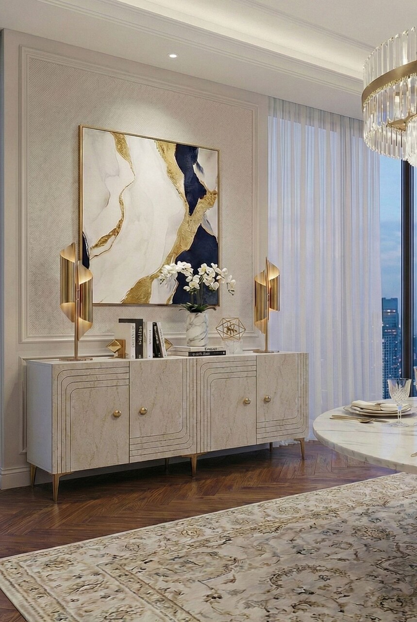 Consola, Hanah Home, Lessi 150, 150x75x32 cm, White / Travertine / Gold - view 3