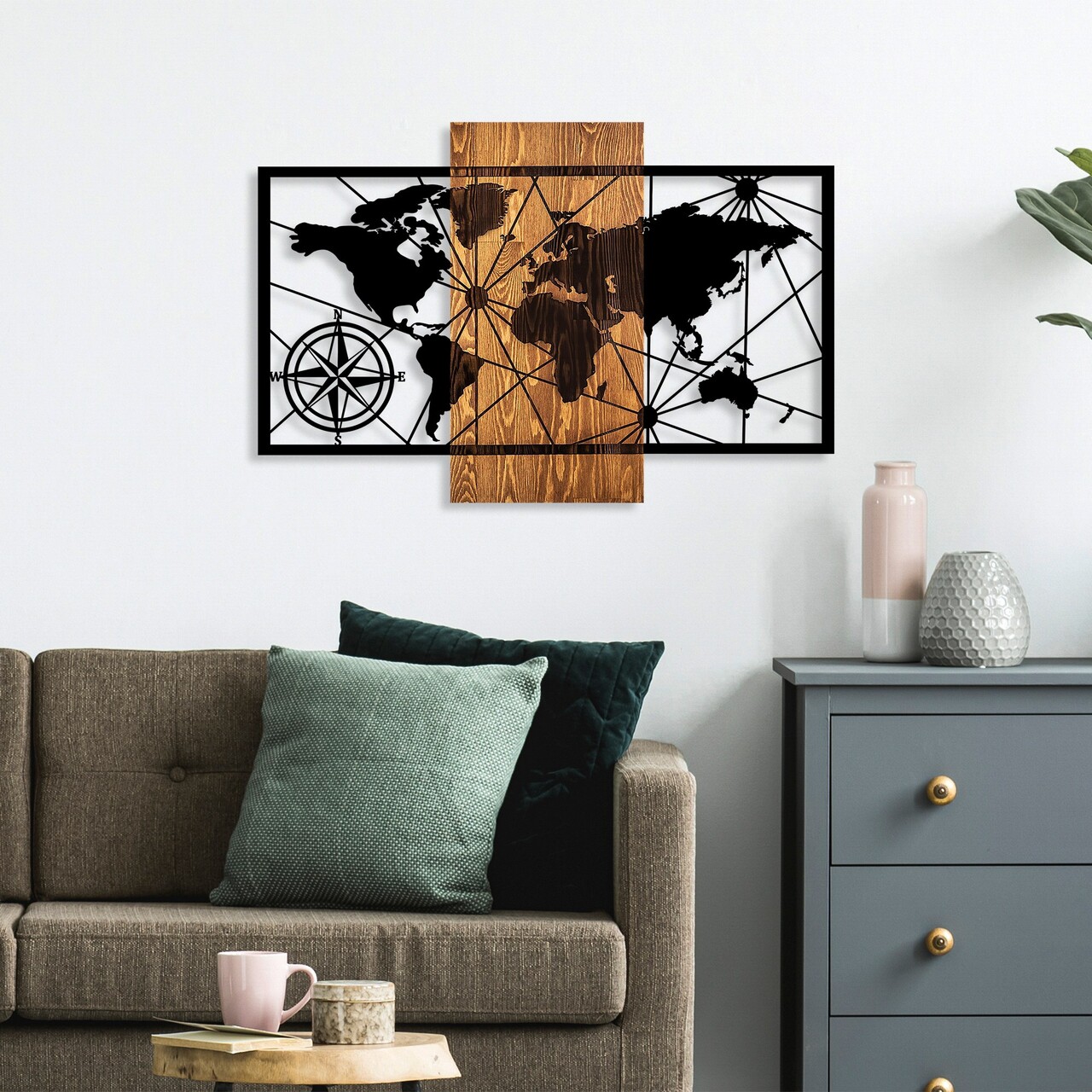 Decoratiune de perete, World Map 3-M, Dimensiuni: 57 x 84 cm, Nuc / Negru - view 2
