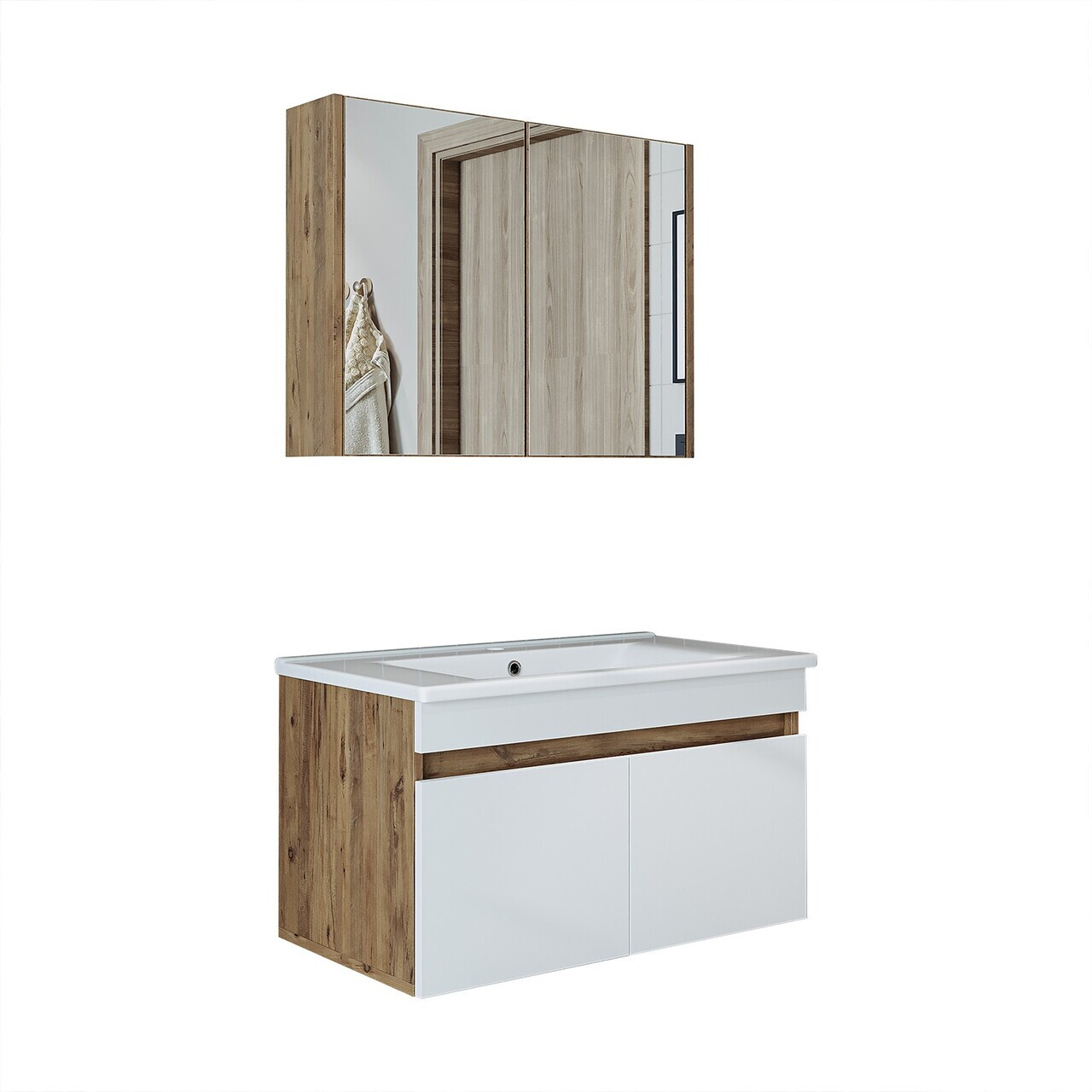 Set Dulap de Baie cu Chiuvetă și Oglindă (2 Piese), Hanah Home, 1900, MDF-LAM, Pin Atlantic / Alb Mat — imaginea 6