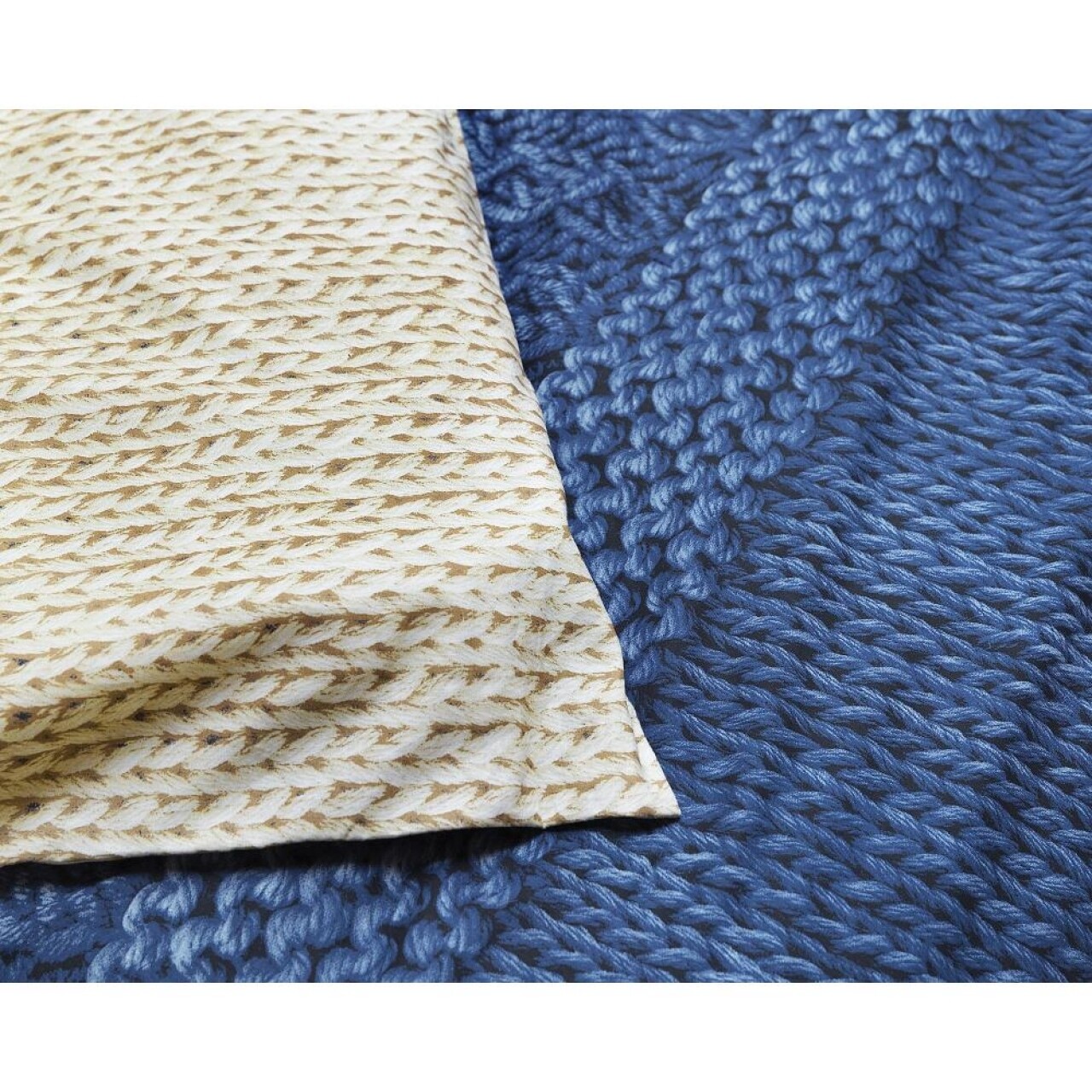 Lenjerie De Pat Dubla Indigo Knit Blue - Primavera Deluxe, Royal Textile, 3 Piese, 240 X 260 Cm, 100% Bumbac, Albastru/bej