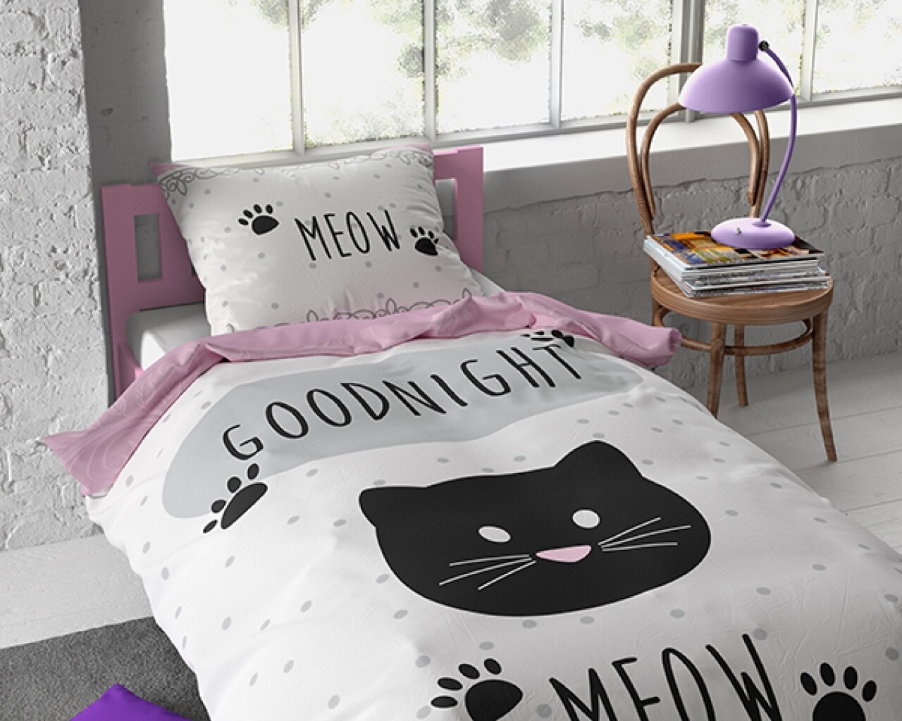 Lenjerie De Pat Pentru O Persoana, Goodnight Kitty Pink, Dreamhouse, 2 Piese, 100% Bumbac, Alb/roz/negru