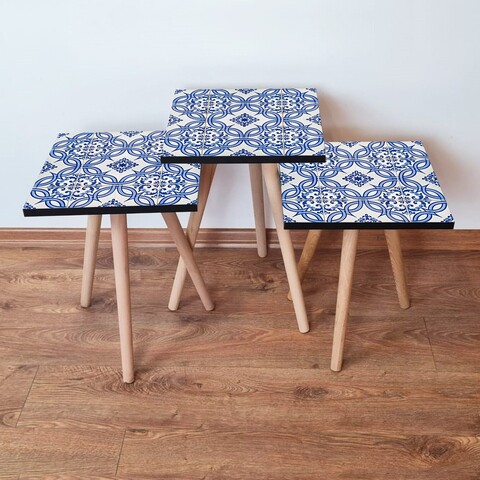 Set masute 3 piese, Leona, 3Shp41, Bleumarin / Albastru / Alb