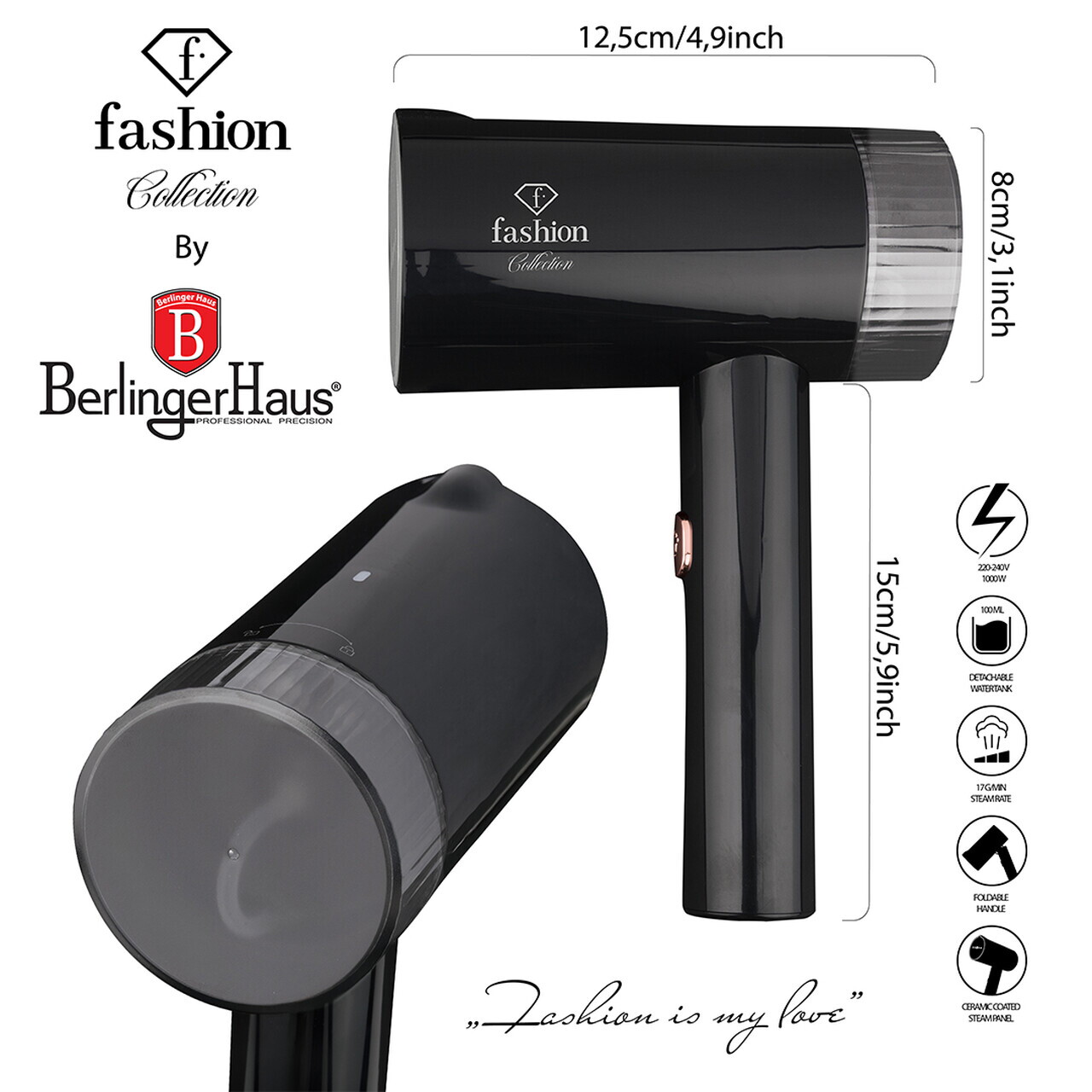 Aparat de calcat cu aburi portabil, pliabil Fashion TV, Matte Black-Rose Gold, 1000W, 100 ml, invelis ceramic, negru - imagine 5