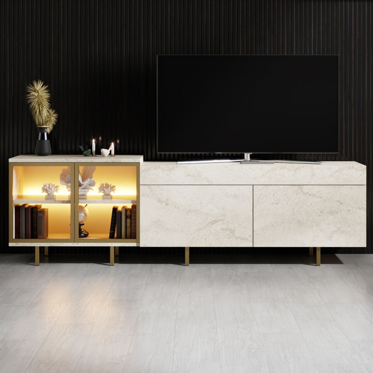 Comoda TV, Hanah Home, Vienna, 190x57x37 cm, Travertin / Auriu - view 2