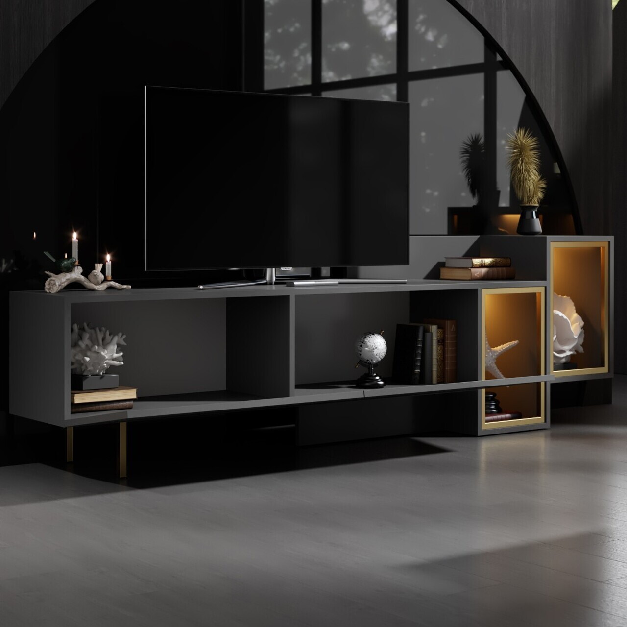 Comoda TV, Hanah Home, Tenon, 213.2x65x36.8 cm, Antracit / Aur — imaginea 4
