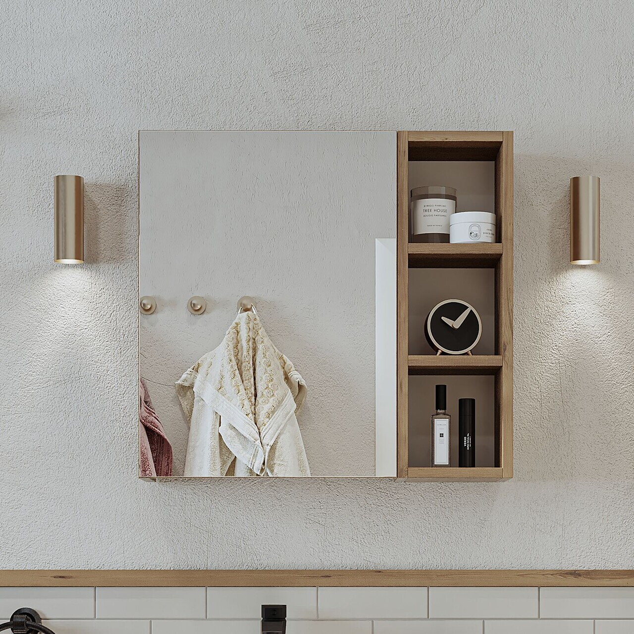 Dulap de baie cu oglindă, Hanah Home, 2461, 65x60x16 cm, MDF, Maro