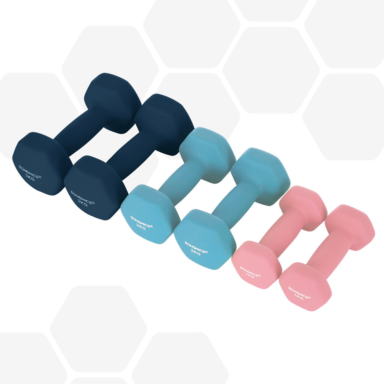 Set gantere fitness 6 piese cu suport, 2 x 1 kg + 2 x 2 kg + 2 x 3 kg, Songmics, neopren, roz/aqua/albastru - imagine 6