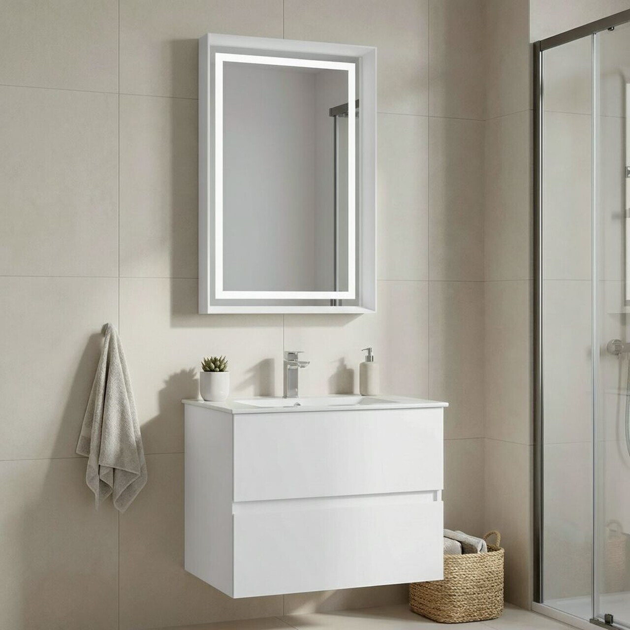 Set Dulap de Baie cu Chiuvetă și Oglindă (2 Piese), Hanah Home, Nest 71 v2, Alb mat